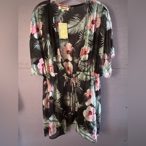 Miken Black and Pink Sheer Open Front cinch tie waist Swim Cover-Up Size XL - Picture 2 of 12